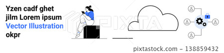 Technology, security, cloud storage, remote work, data sharing, collaboration. Person with a device, cloud icon and gears connected to users. Technology and cloud storage 138859432