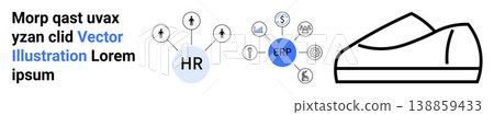 Digital transformation, HR software, ERP systems, team management, organizational tools, workflow processes. HR and ERP icons connected with lines, accompanied by a shoe outline. Digital 138859433