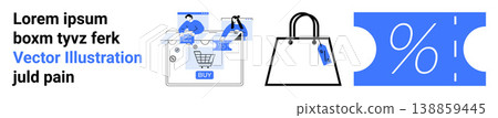 E-commerce, shopping, retail discounts, online marketing, sales promotion, business strategy. Shopping cart, handbag discount symbol. E-commerce and shopping conveyed visually 138859445
