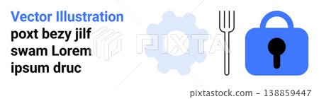 Cybersecurity, tools, privacy, data protection, technology, system management. A gear, lock and fork icon together. Cybersecurity and tools concepts illustrated 138859447