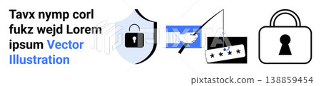 Cybersecurity, identity protection, phishing prevention, digital safety, data privacy, online security. Shield with lock, phishing hand padlock icon. Cybersecurity and identity protection concept 138859454