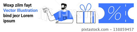 Promotions, sales campaigns, retail marketing, gift appreciation, rewards, business strategies. A man gesturing toward a gift box and a ticket with a percentage. Promotions and sales campaign concept 138859457