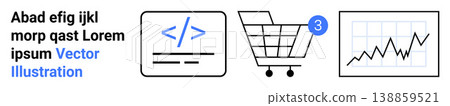 E-commerce, coding, data analysis, technology, business growth, online shopping trends. Display of a code snippet, shopping cart with notification and an analytics graph. E-commerce and coding E-commerce, coding, data analysis, technology, business growth, online shopping trends. Display of a code snippet, shopping cart with notification and an analytics graph. E-commerce and coding 138859521