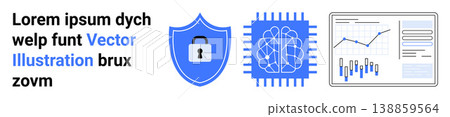 Cybersecurity, AI technology, data protection, network safety, business analytics, digital privacy. A shield with a lock, AI chip and data graph. Cybersecurity and AI technology Cybersecurity, AI technology, data protection, network safety, business analytics, digital privacy. A shield with a lock, AI chip and data graph. Cybersecurity and AI technology 138859564