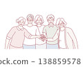 Elderly men and women with gray hair stand with their hands outstretched to center. Vector image 138859578
