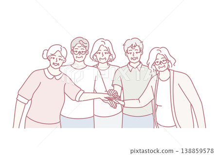 Elderly men and women with gray hair stand with their hands outstretched to center. Vector image 138859578
