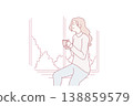 Positive girl dreaming and watching landscape through window with cup coffee in hands. Vector image 138859579