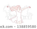 Happy woman runs through park in white flowing dress and enjoys warm summer weather. Vector image 138859580