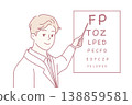 Man doctor holds out pointer to poster with letters for checking eyesight of patients. Vector image 138859581