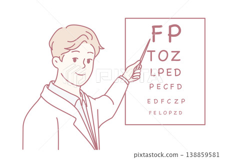 Man doctor holds out pointer to poster with letters for checking eyesight of patients. Vector image 138859581