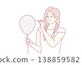 Young woman in casual clothes pierces balloon with needle and looks forward smiling. Vector image 138859582