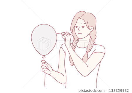 Young woman in casual clothes pierces balloon with needle and looks forward smiling. Vector image Young woman in casual clothes pierces balloon with needle and looks forward smiling. Vector image 138859582