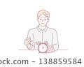Smiling man points finger at alarm clock to remind of time management at works. Vector image 138859584