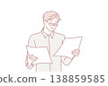 Concentrated man office worker holding two sheets of paper in hands reading report. Vector image 138859585