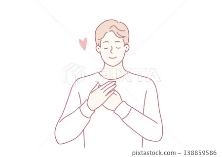 Enamored man puts hands on chest and closes eyes remembering girlfriend. Vector image 138859586