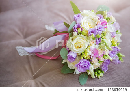 Beautiful wedding bouquet of white, pink and ultra violet flowers place for text. 138859619
