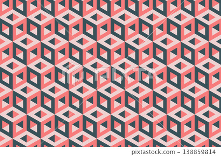 geometric pattern with optical illusion cube vector art, red and blue op art polygons texture geometric pattern with optical illusion cube vector art, red and blue op art polygons texture 138859814