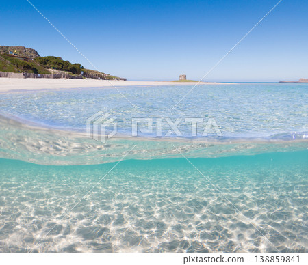 Split underwater view of La pelosa clear water with the aragonese tower on the background 138859841
