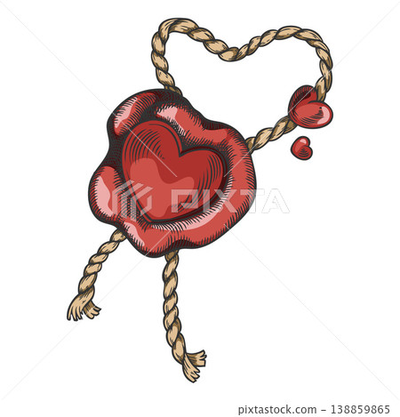 Red wax seal with heart shape and rope sketch, vector hand drawn vintage romantic mail letter wax stamp, Love message Red wax seal with heart shape and rope sketch, vector hand drawn vintage romantic mail letter wax stamp, Love message 138859865