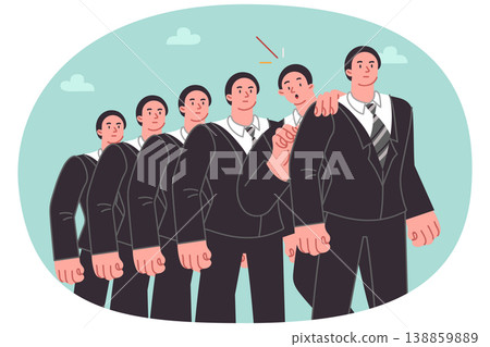 Line of brave businessmen and one frightened guy waiting for interview for position of manager Line of brave businessmen and one frightened guy waiting for interview for position of manager 138859889