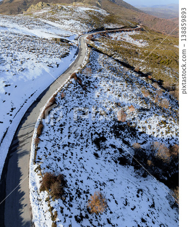 Aerial View of a Winding Mountain Road Surrounded by Snow Aerial View of a Winding Mountain Road Surrounded by Snow 138859893