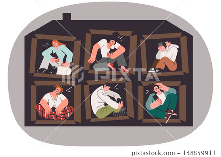 People with digital addiction are sitting in different rooms in house, due to self-isolation. People with digital addiction are sitting in different rooms in house, due to self-isolation. 138859911