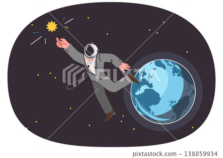 Business man is flying in space trying to touch sun with hand, going on tourist flight into orbit Business man is flying in space trying to touch sun with hand, going on tourist flight into orbit 138859934