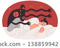 Nightmare of frightened woman lying in bed and feeling attack of multi-armed monster 138859942