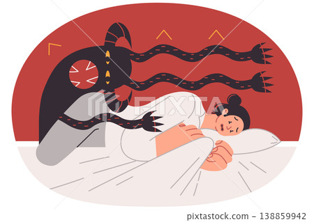 Nightmare of frightened woman lying in bed and feeling attack of multi-armed monster 138859942