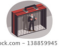 Man office clerk locked in cage, shaped like business suitcase, as metaphor for corporate pressure 138859945