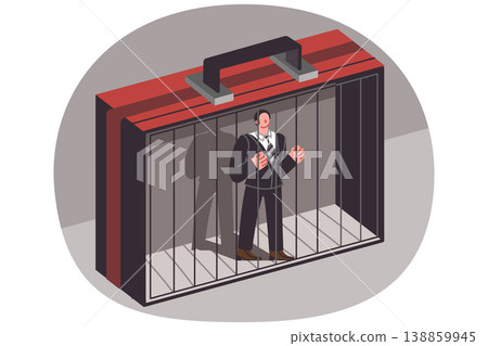 Man office clerk locked in cage, shaped like business suitcase, as metaphor for corporate pressure Man office clerk locked in cage, shaped like business suitcase, as metaphor for corporate pressure 138859945