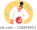 Woman feels symptoms appendicitis and needs urgent medical examination, crying clutching stomach 138859953