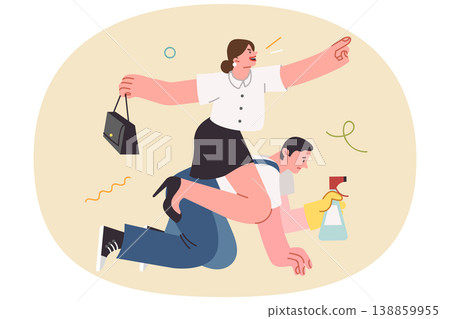Businesswoman gives command to janitor, using toxic management methods, sitting astride laborer 138859955