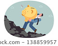 Businessman has saved money carries large piggy bank, walking up cliff and trying to save capital 138859957