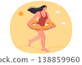 Woman beach lifeguard dressed in swimsuit walks along seashore with lifebuoy on belt 138859960