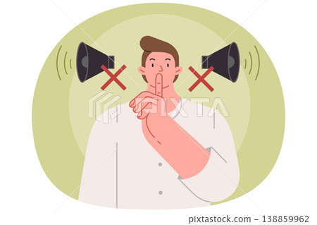 Man makes tss gesture urging him to switch phone to airplane mode and speak in whisper Man makes tss gesture urging him to switch phone to airplane mode and speak in whisper 138859962