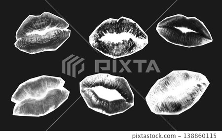 Kiss imprint halftone for lipstick collage photocopy and grunge texture effect. Isolated distressed romantic for set retro mouth and vintage graphic vector. Kiss illustration modern for lipstick. Kiss imprint halftone for lipstick collage photocopy and grunge texture effect. Isolated distressed romantic for set retro mouth and vintage graphic vector. Kiss illustration modern for lipstick. 138860115