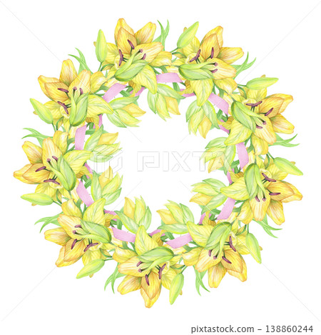 Wreath of the yellow lilies and pink ribbons. Handmade watercolor illustration. For packaging design, cards, cover, prints, product labels and fabric. Wreath of the yellow lilies and pink ribbons. Handmade watercolor illustration. For packaging design, cards, cover, prints, product labels and fabric. 138860244
