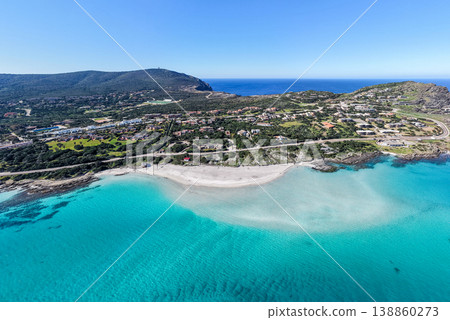 Aerial view of La Pelosa beach turquoise water from the sea perspective Aerial view of La Pelosa beach turquoise water from the sea perspective 138860273