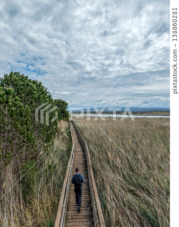 Vertical Aerial View of Hiker Walking on Boardwalk Near Pond under Dramatic Sky Vertical Aerial View of Hiker Walking on Boardwalk Near Pond under Dramatic Sky 138860281
