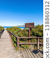 Vertical view of a wooden boardwalk named Passerella Maestrale in La Pelosa beach on a sunny spring day 138860312