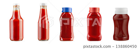 Tomato ketchup bottles set isolated on white background, glass and plastic packaging collection Tomato ketchup bottles set isolated on white background, glass and plastic packaging collection 138860450