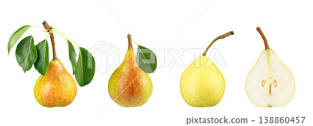 Fresh pear isolated on white background, whole and cut fruit with leaves Fresh pear isolated on white background, whole and cut fruit with leaves 138860457