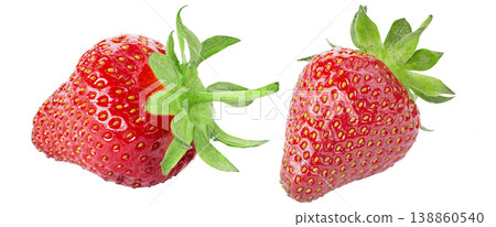 High-quality macro shot of two vibrant red strawberries with fresh green stems and leaves. High-quality macro shot of two vibrant red strawberries with fresh green stems and leaves. 138860540