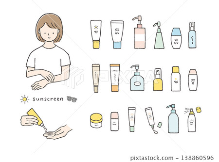 A set of hand-drawn illustrations of various sunscreens and creams. A set of hand-drawn illustrations of various sunscreens and creams. 138860596
