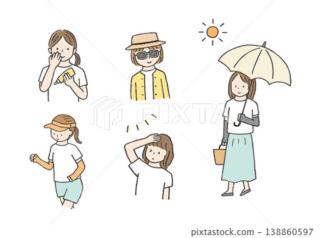 女性紫外線防護手繪插圖套裝 138860597
