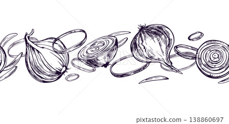 Hand drawn onion seamless border illustration. Black and white ink sketch of vegetable bulb and slice. Graphic line art for food design, kitchen packaging, harvest menu and restaurant. Hand drawn onion seamless border illustration. Black and white ink sketch of vegetable bulb and slice. Graphic line art for food design, kitchen packaging, harvest menu and restaurant. 138860697