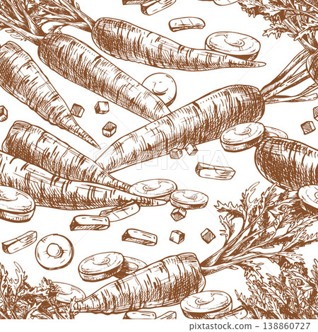 Hand drawn carrot vegetable seamless pattern illustrated with pen and ink style. Graphic outline sketch design for organic food background, farm harvest, culinary ingredient and kitchen textile. Hand drawn carrot vegetable seamless pattern illustrated with pen and ink style. Graphic outline sketch design for organic food background, farm harvest, culinary ingredient and kitchen textile. 138860727