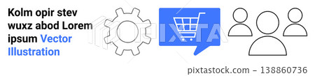 E-commerce, online shopping, teamwork, business strategy, settings, customer service. Gear setting, shopping cart speech bubble and people icons. E-commerce and online shopping concept E-commerce, online shopping, teamwork, business strategy, settings, customer service. Gear setting, shopping cart speech bubble and people icons. E-commerce and online shopping concept 138860736