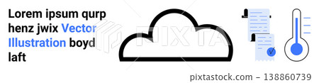 Data storage, analysis tools, cloud computing, temperature tracking, digital records, and measurement. Cloud icon next to documents and thermometer. Cloud computing and data storage concepts Data storage, analysis tools, cloud computing, temperature tracking, digital records, and measurement. Cloud icon next to documents and thermometer. Cloud computing and data storage concepts 138860739
